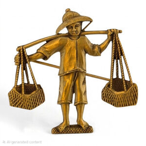 Vintage PEM Asian Figural Brooch Basket Carrier Gold Tone Signed